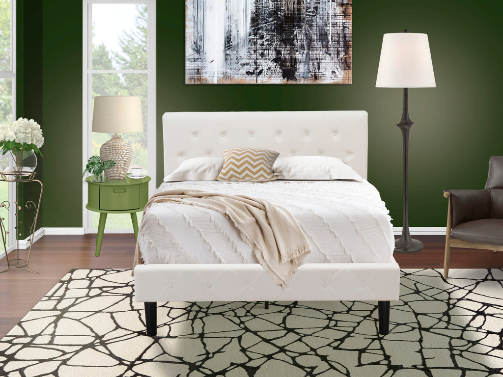 NL19F-QL4I9 Luxe Velvet White Full Bedframe with Button Tufted Headboard & Clover Green Fin. Night Table