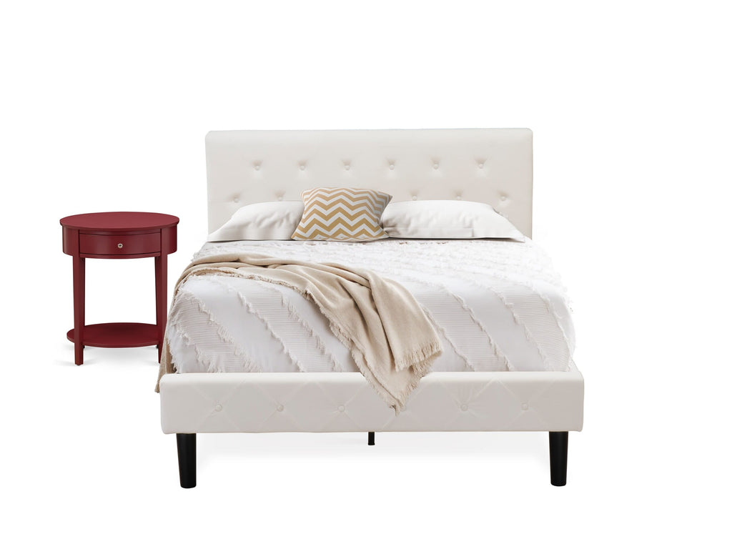 Bedroom Set NL19F-CNMHP Buttoned Full Bed in White Velvet with Burgundy Nightstand