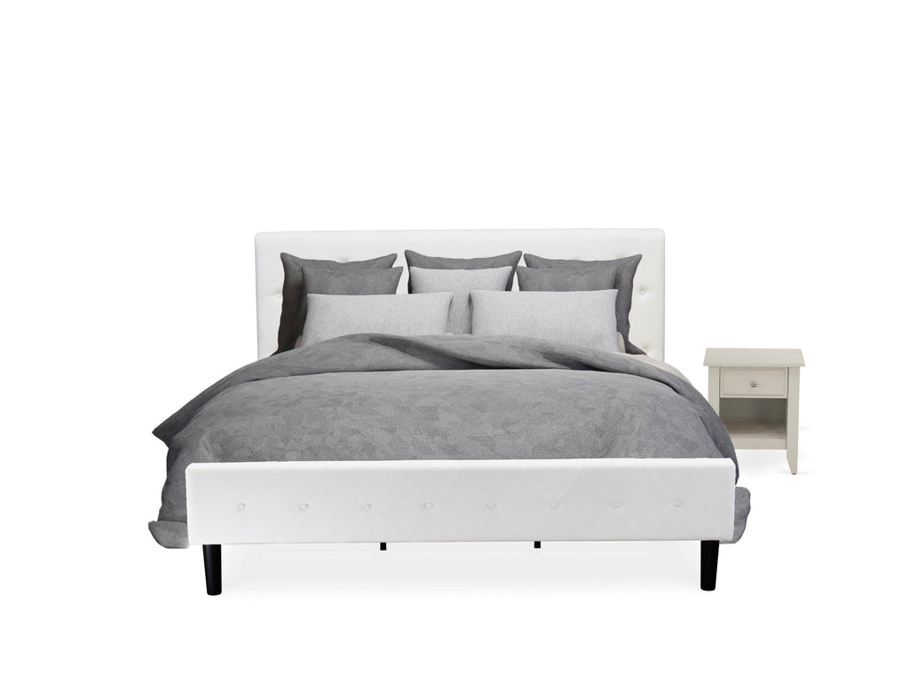 NL19K-8F810 2-Piece Bedroom Furniture Set - Tufted Bed Frame with Velvet White Upholstery & Cream Nightstand