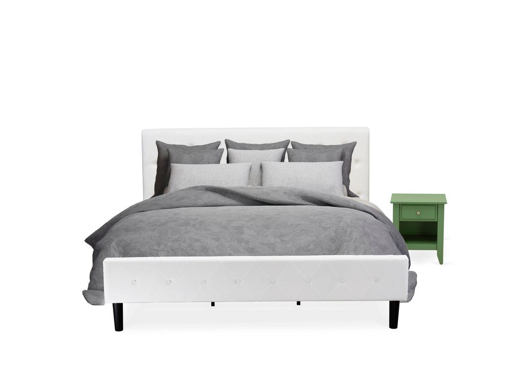 NL19K-IM5MH Velvet-Crafted Button Tufted Bed with White Upholstery and Vibrant Nightstand Duo