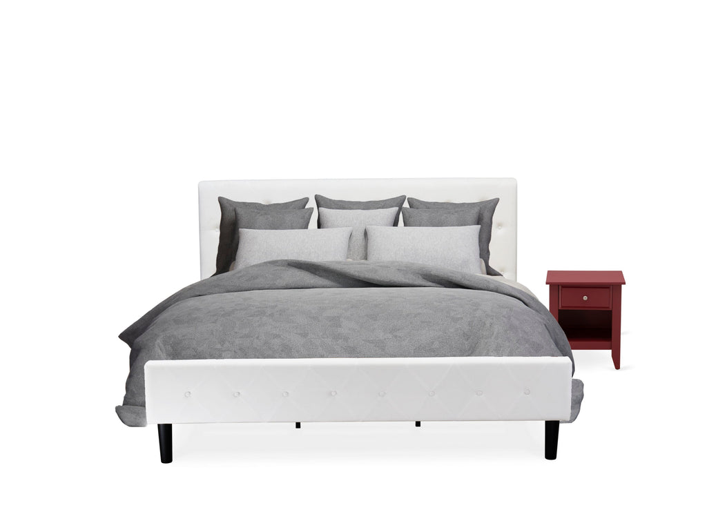 NL19K-7A34P Two-Piece Bedroom Set Large Buttoned King Bed & Styled Nightstand, White & Burgundy Contrast