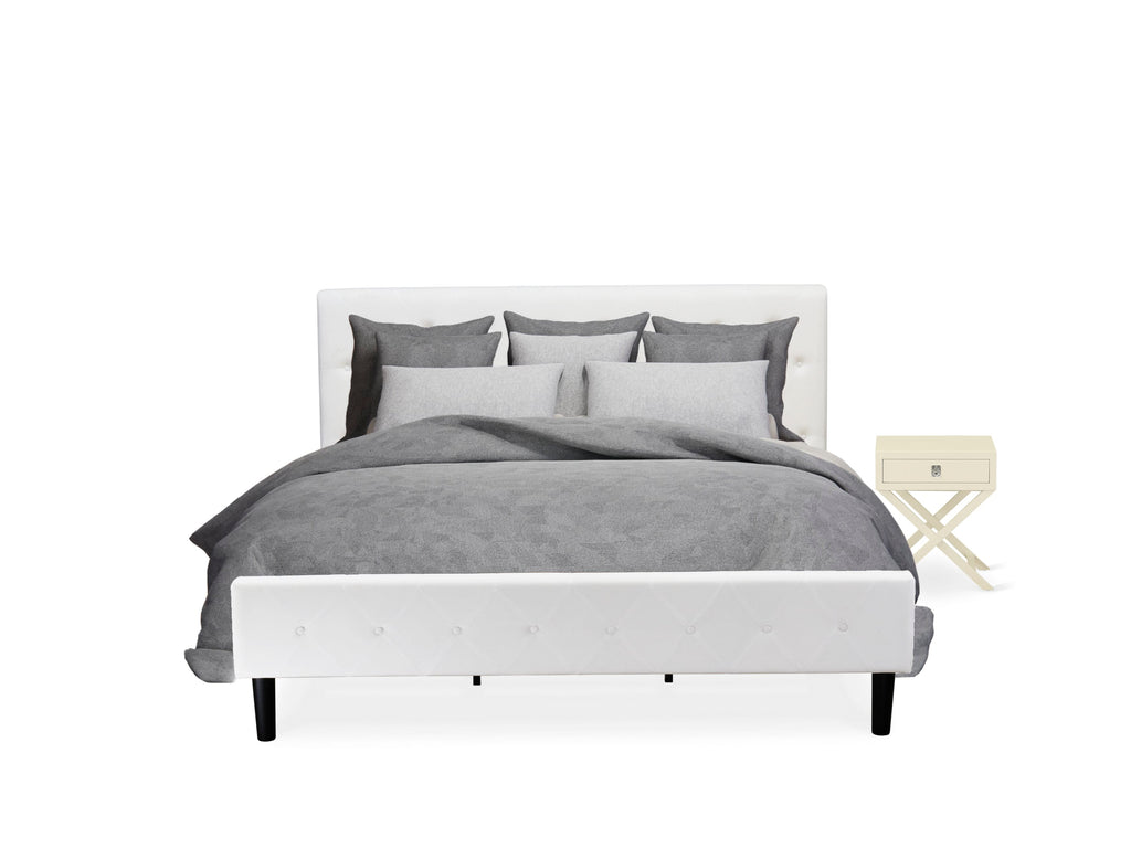 NL19K-E8G85 Button-Tufted Headboard Bed with Velvet Upholstery and Complementary Nightstand Set in White
