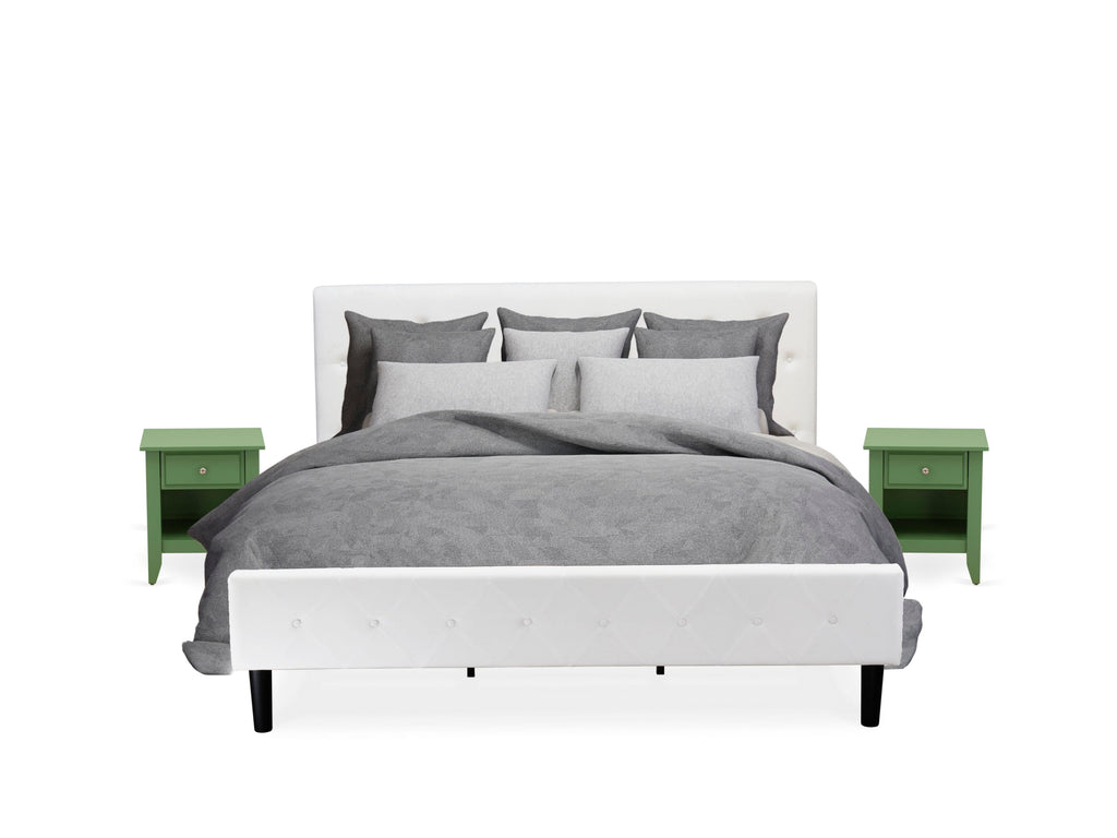 NL19K-K29EK 3 Piece Bedroom Ensemble King Bed with White Velvet Headboard & Green Nightstand Finish