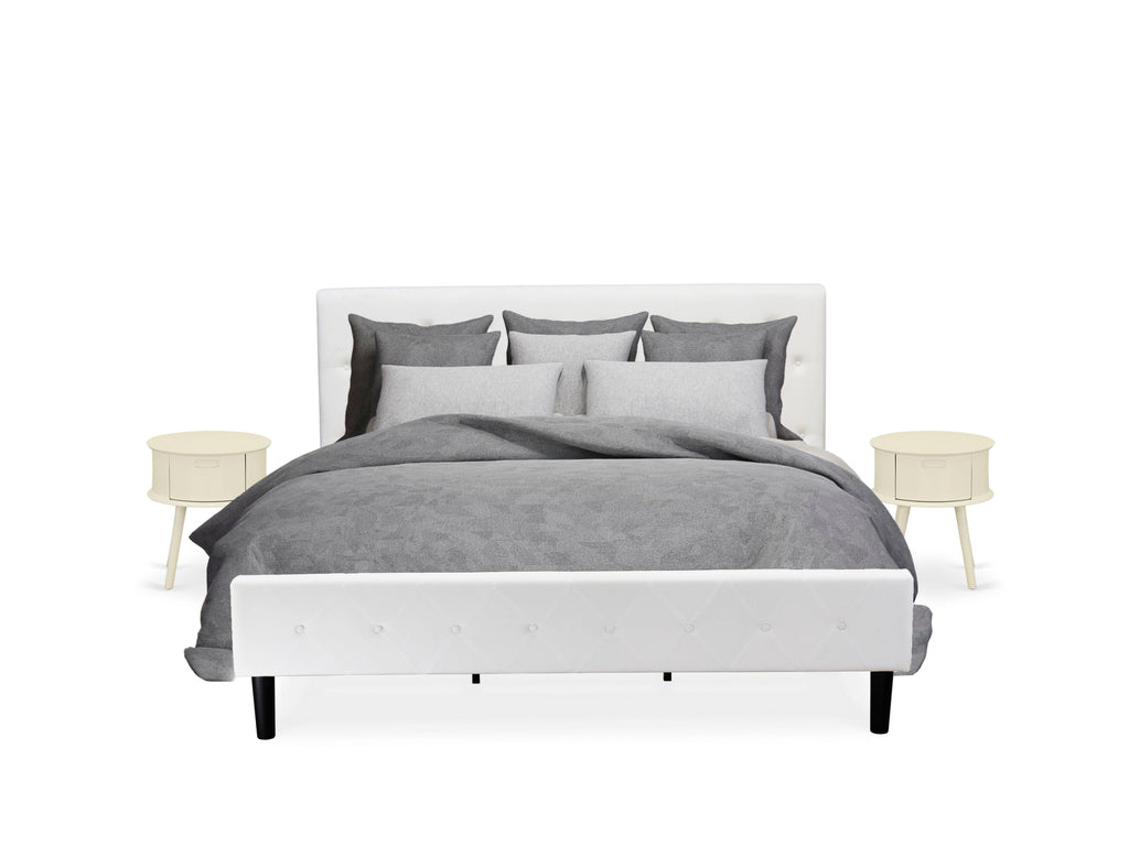 NL19K-LU5RC 3-Piece King Bed Ensemble with Button Tufted Bedstead - White Velvet Headboard and Nightstand Elegance