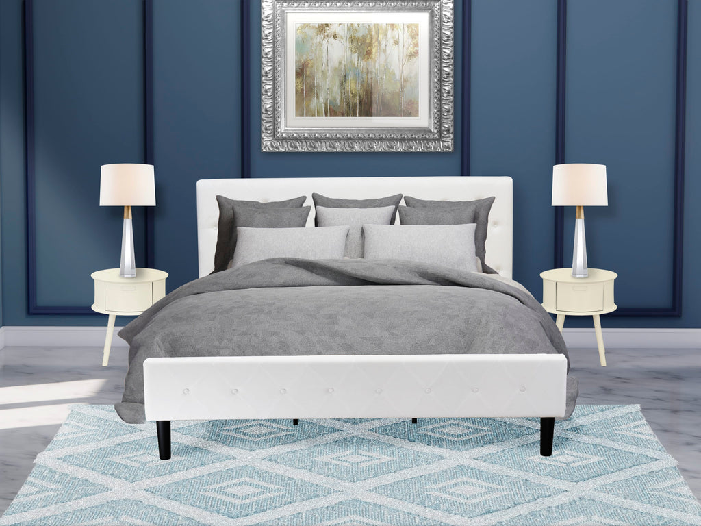 NL19K-LU5RC 3-Piece King Bed Ensemble with Button Tufted Bedstead - White Velvet Headboard and Nightstand Elegance