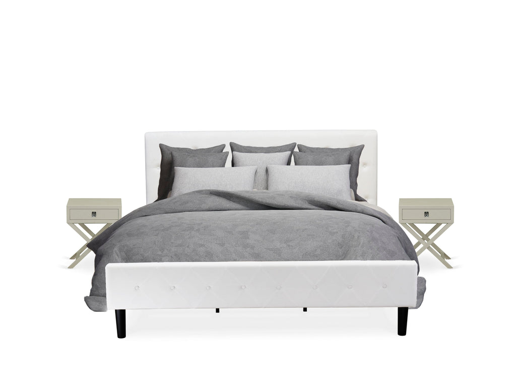 NL19K-WMGW9 3-Piece Bedroom Suite Featuring Button Tufted Bed & Urban Gray Nightstand with White Fabric