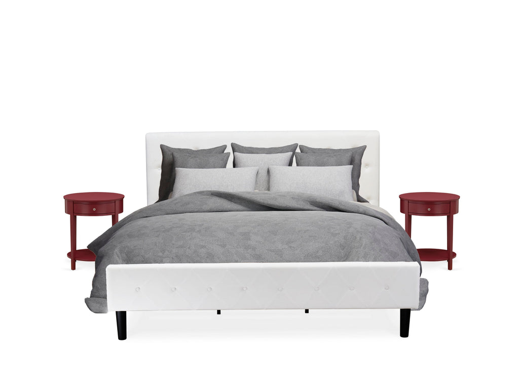 NL19K-YUQBR 3-Piece Luxe Comfort King Bedroom Ensemble Tufted White Velvet Platform Sleep Haven & Rich Burgundy Stand