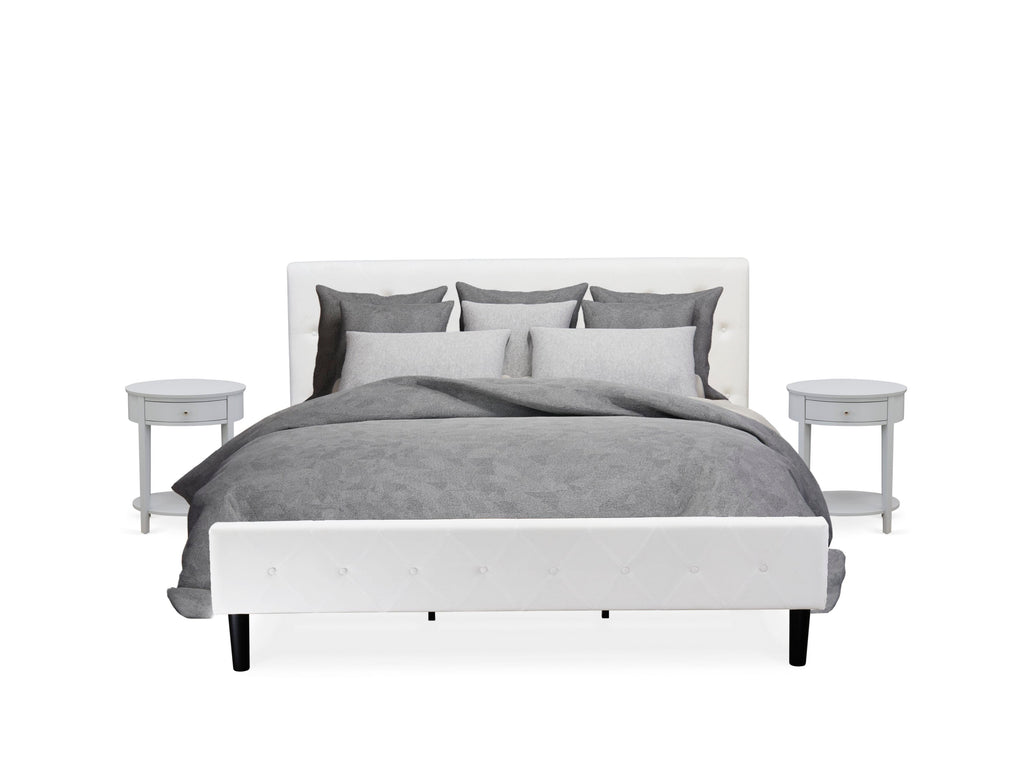 NL19K-XARUJ 3-Piece Bedroom Ensemble Tufted King Bed, White Velvet Headboard & Gray Nightstand