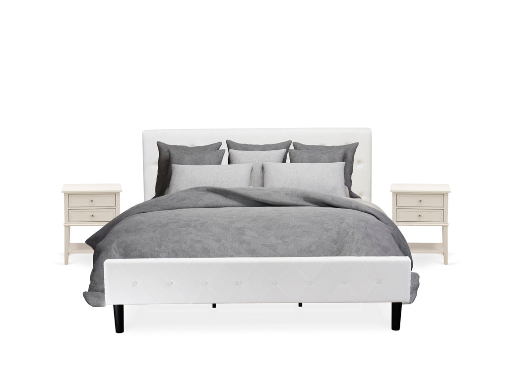 NL19K-ZNJTV 3-Piece King Bed Ensemble - Velvet Upholstered Frame & Headboard in White with Butter Cream Nightstand