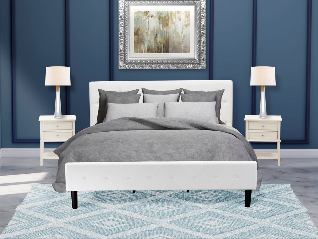 NL19K-ZNJTV 3-Piece King Bed Ensemble - Velvet Upholstered Frame & Headboard in White with Butter Cream Nightstand