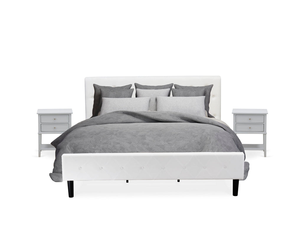 NL19K-VWB6Y 3-Piece Bedroom Suite King Bed with Button Tufts, White Velvet Headboard, and Gray Nightstand