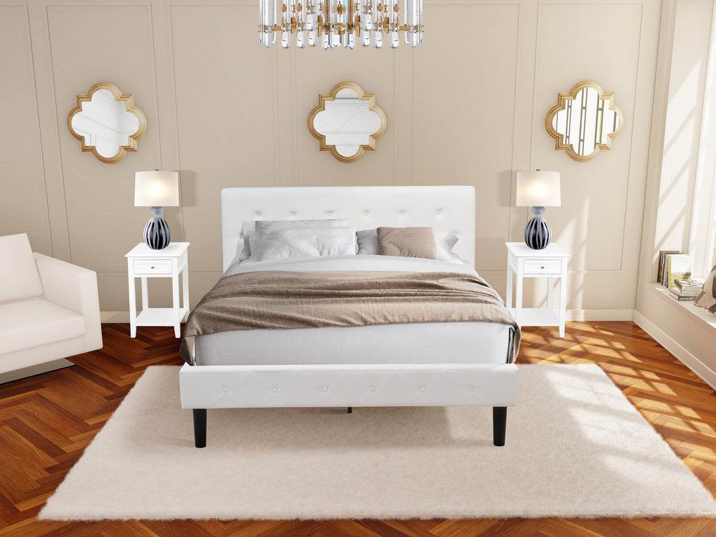 NL19Q-NNR8U 3 Piece Queen Set with Upholstered Headboard, Velvet Bed, and Elegant White Nightstand
