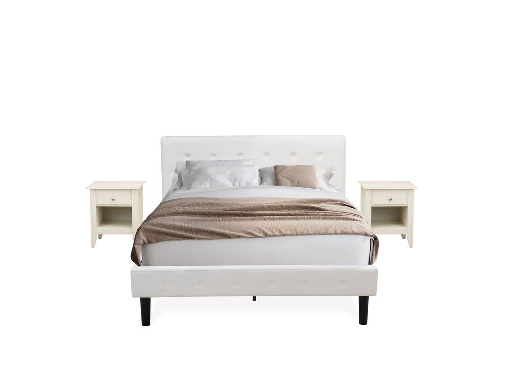NL19Q-LKN2B Elegant 3-Piece Sleeping Ensemble Luxurious Velvet Queen Bed with Plush Tufting, Chic White Finish, Complemented by a Cream-Toned Nightstand