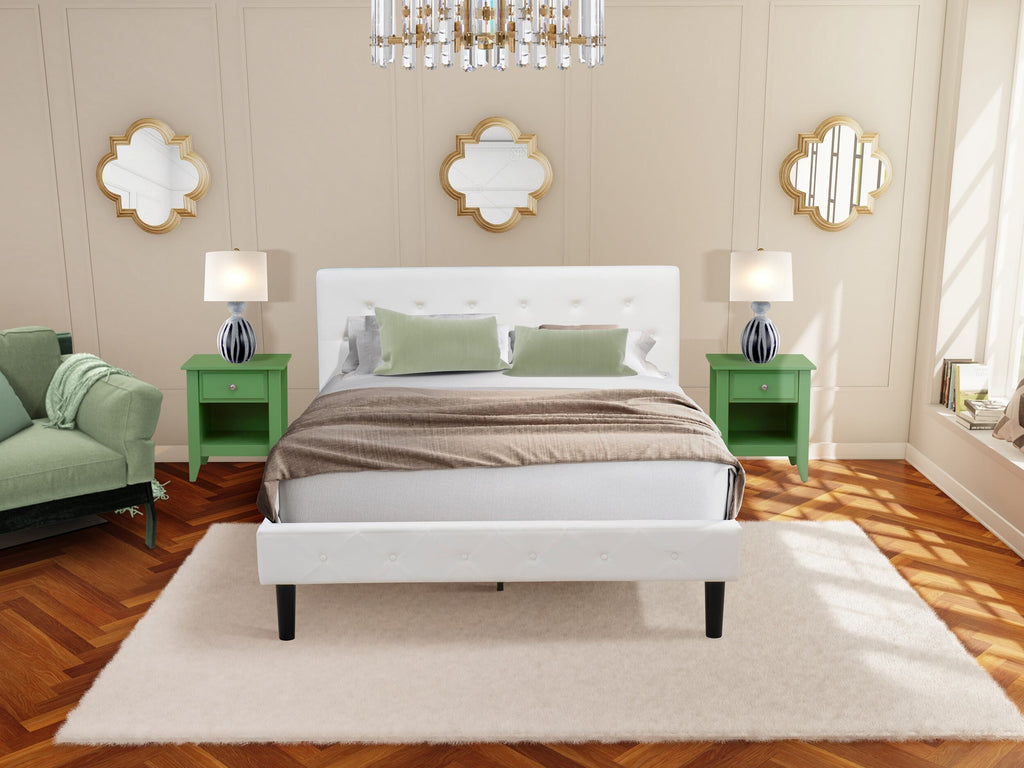 NL19Q-8SNXA Three-Piece Bedroom Ensemble with Tufted Queen Bed & Green Accent Nightstand