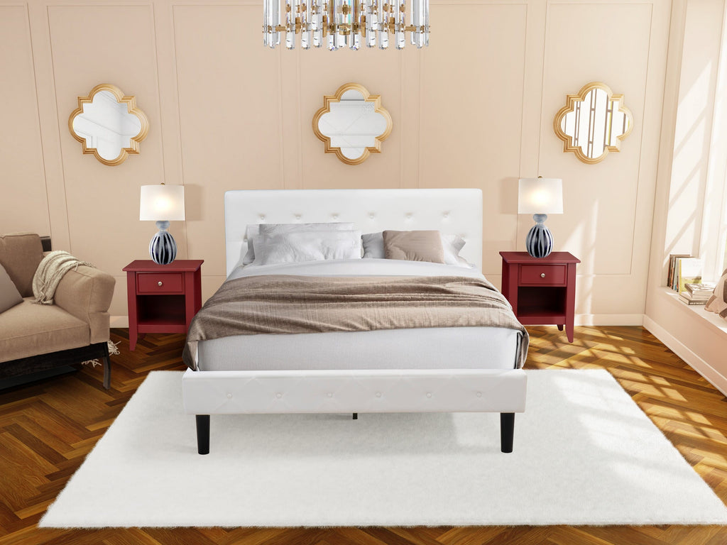NL19Q-CH2UM 3 Piece Bedroom Set with Button Tufted Queen Bed - White Velvet Headboard and Burgundy Side Table