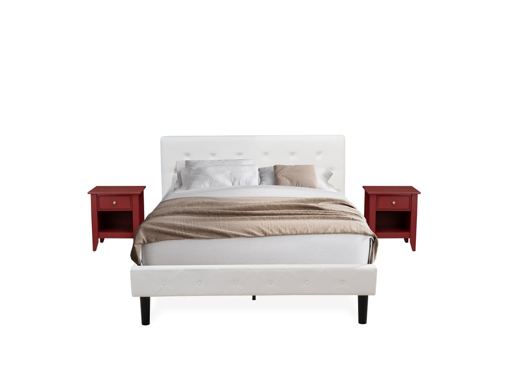 NL19Q-CH2UM 3 Piece Bedroom Set with Button Tufted Queen Bed - White Velvet Headboard and Burgundy Side Table