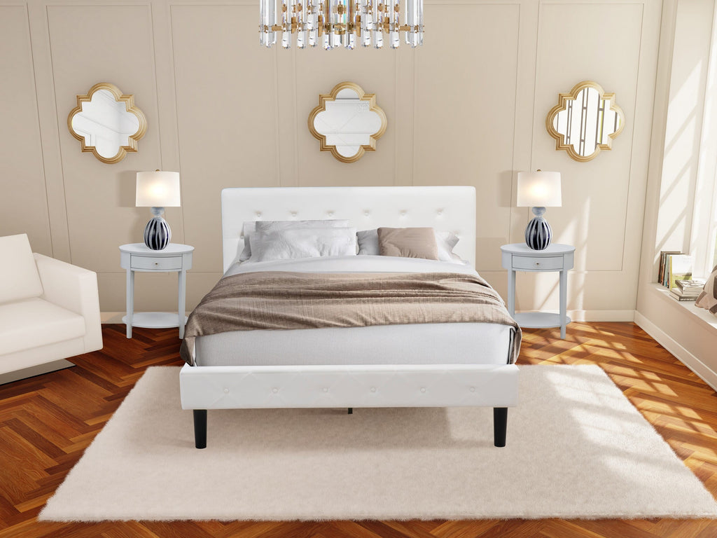 NL19Q-ESHB9 Retro 3-Piece Bedroom Suite with Button-Tufted Bed, White Velvet Upholstery & Urban Gray Nightstand