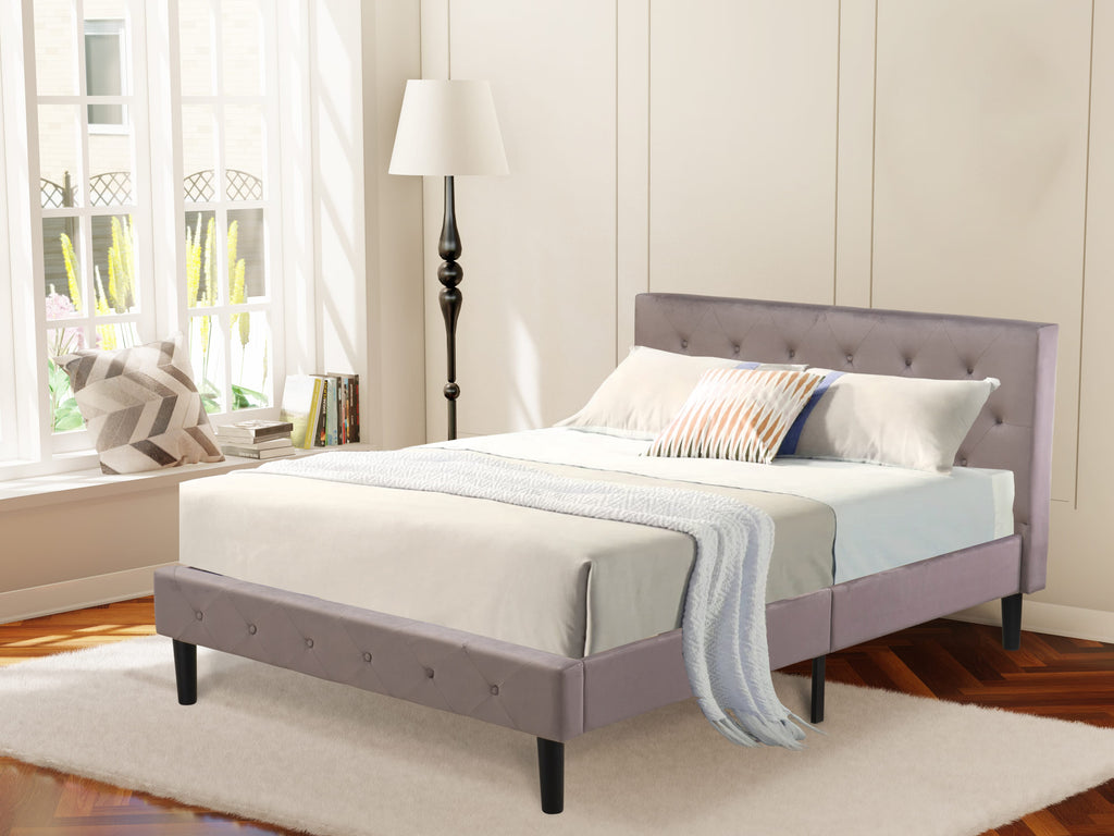 NLF-1L-U Elegant Full Platform Bed with Tufted Brown Taupe Velvet Upholstery and Black Legs