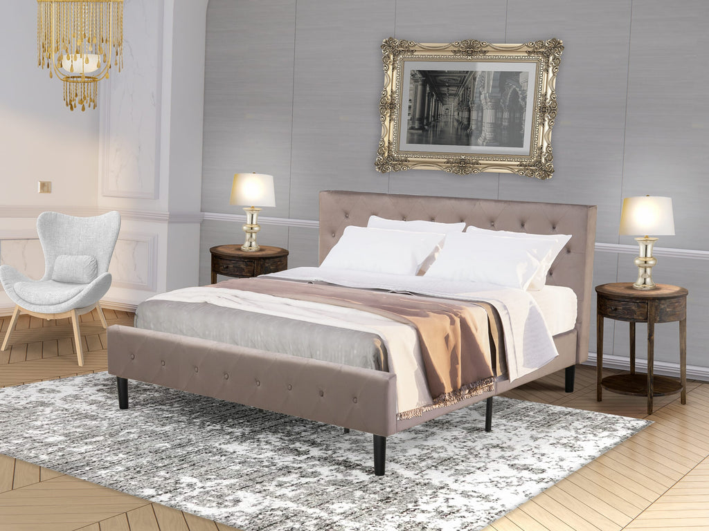 NLF-10-I Platform Bed Button Tufted Velvet Frame in Brown Taupe - King Size with Black Legs