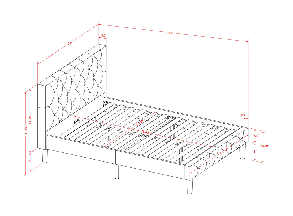 Full-Sized NLF-10-D Platform Bed with Luxe Velvet Tufted Upholstery and Black Legs