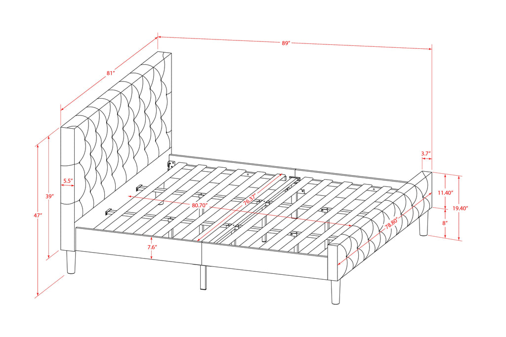 Refined King NLF-1D-R Platform Bed with Velvet Upholstery, Tufted White Headboard & Black Legs