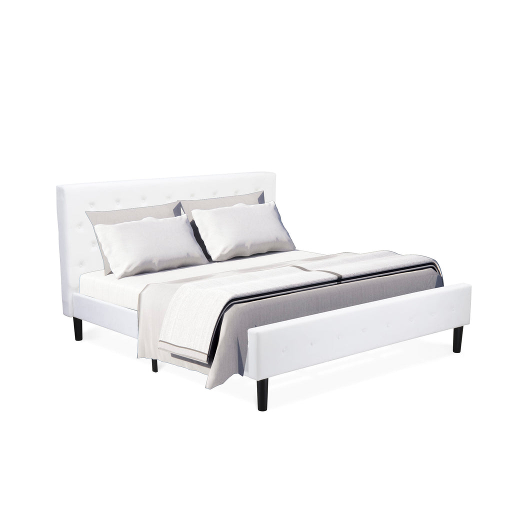 Refined King NLF-1D-R Platform Bed with Velvet Upholstery, Tufted White Headboard & Black Legs