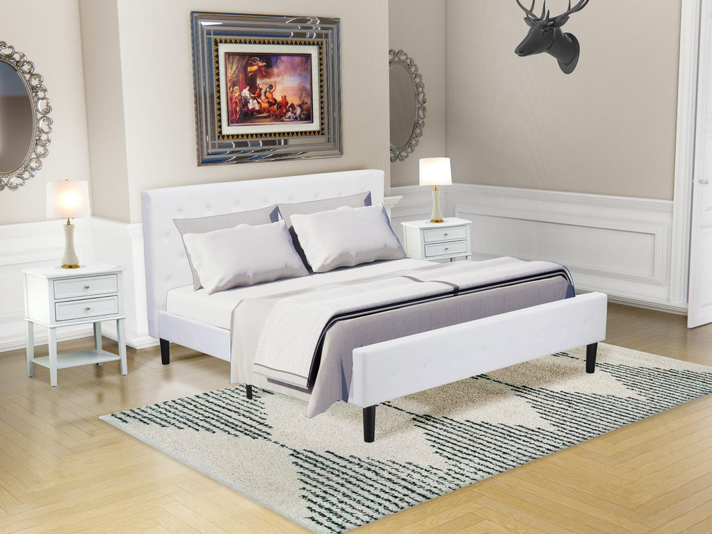 Refined King NLF-1D-R Platform Bed with Velvet Upholstery, Tufted White Headboard & Black Legs