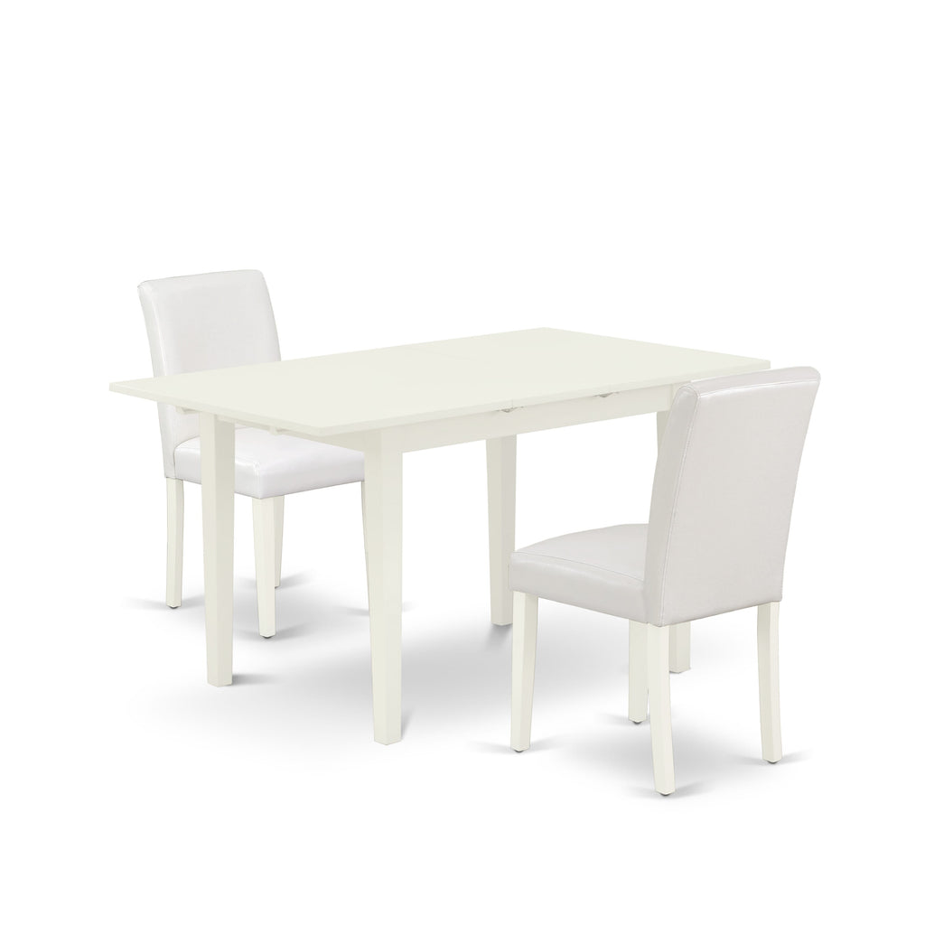 NOAB3-BGK-MR 3-Piece Dining Ensemble with Extendable Table & Two Elegant Parson Chairs in Soft White, Faux Leather
