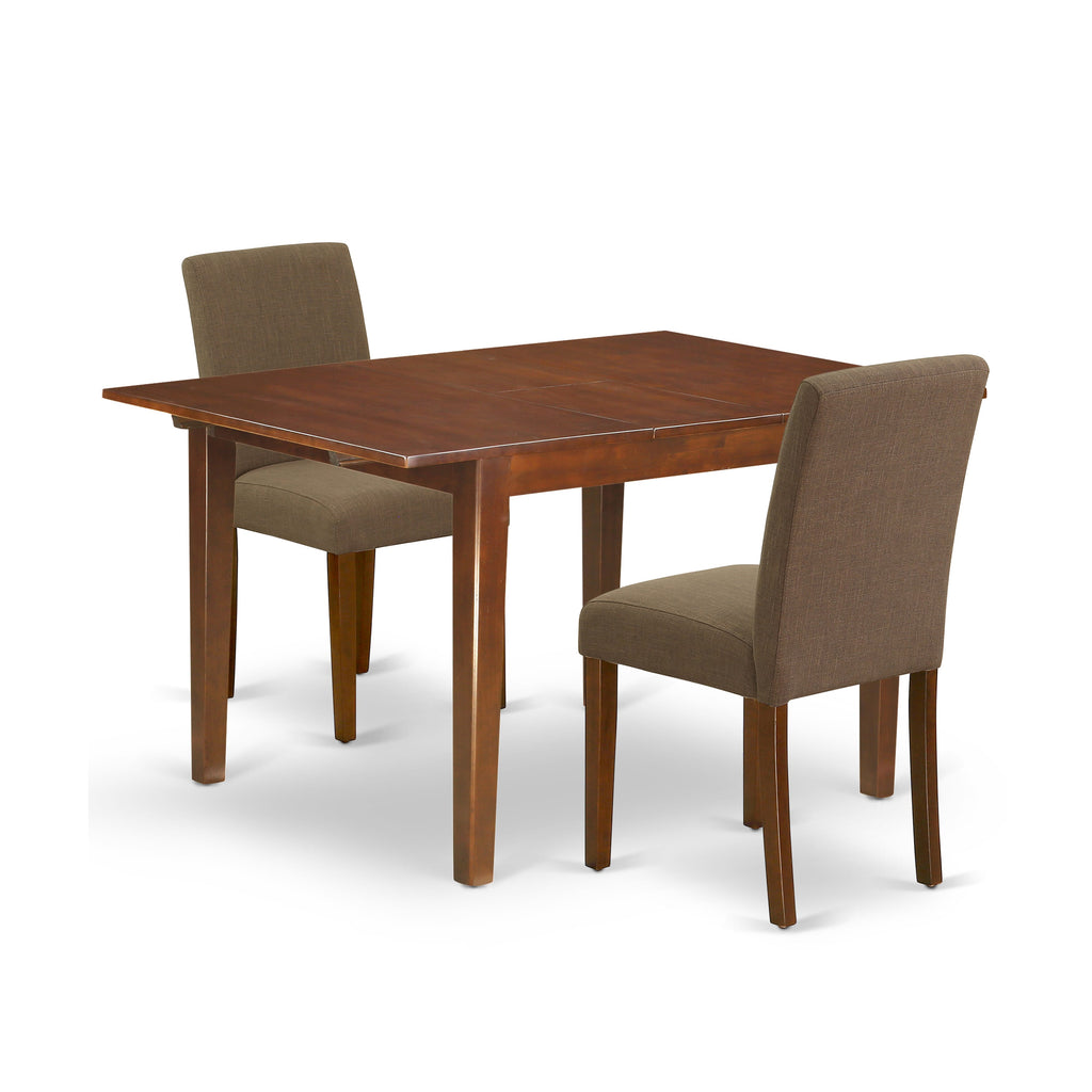 NOAB3-CT0-C9 Three-Piece Dining Ensemble Rectangular Table with Butterfly Extension and Two Coffee Linen Parson Seats, 32x54 Inch, Rich Mahogany Finish