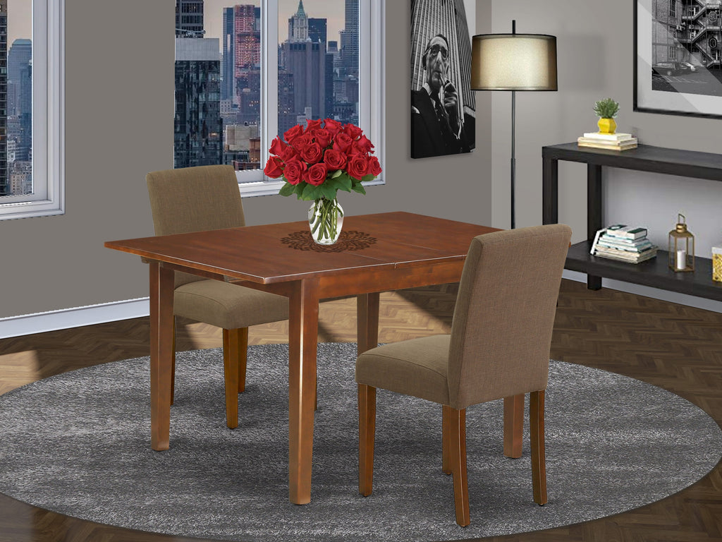 NOAB3-CT0-C9 Three-Piece Dining Ensemble Rectangular Table with Butterfly Extension and Two Coffee Linen Parson Seats, 32x54 Inch, Rich Mahogany Finish