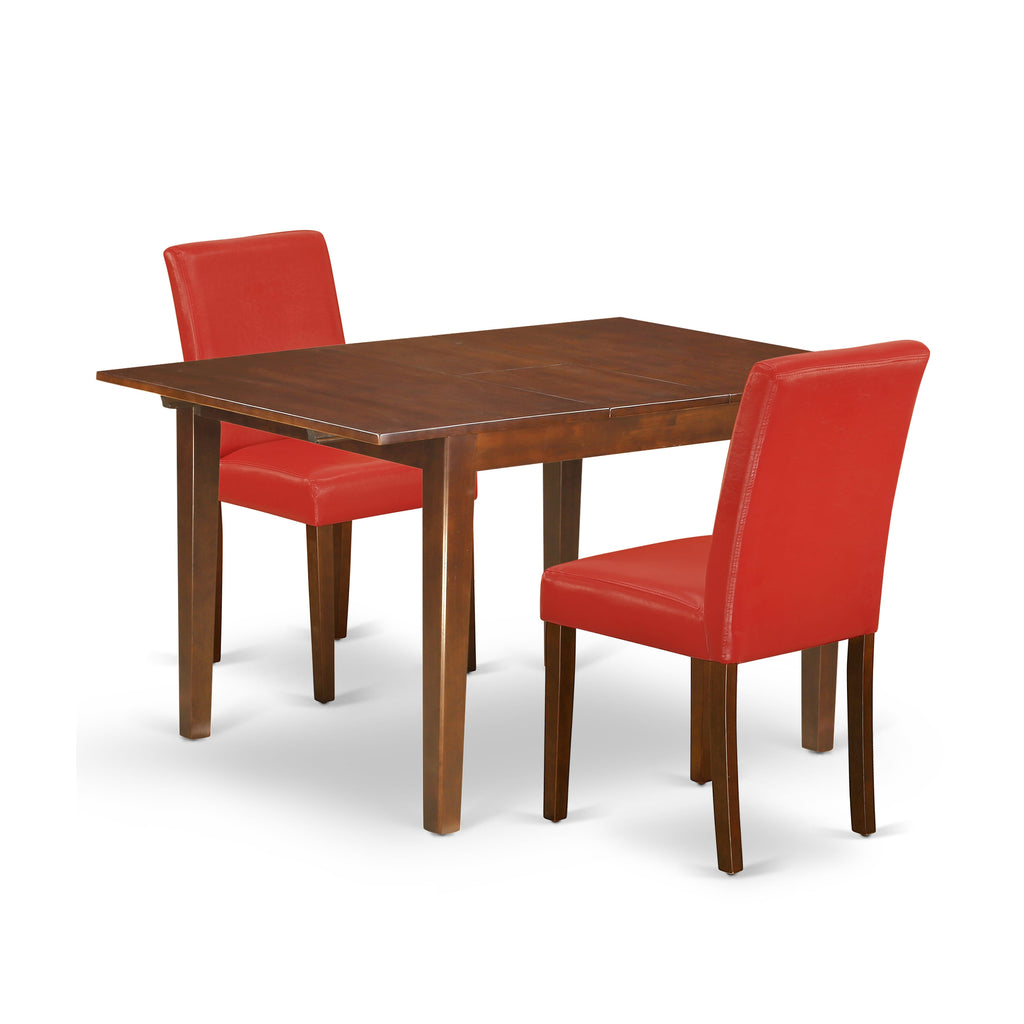 NOAB3-46H-0G 3-Piece Dining Ensemble Featuring Expanding Table & 2 Firebrick Red Faux Leather seats, Mahogany Finish