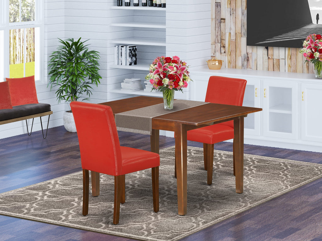 NOAB3-46H-0G 3-Piece Dining Ensemble Featuring Expanding Table & 2 Firebrick Red Faux Leather seats, Mahogany Finish