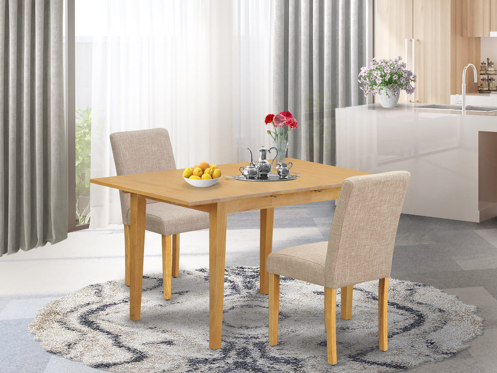 NOAB3-2VW-CI 3-Piece Dining Set includes Rectangular Table & 2 Upholstered Light Tan Chairs with Butterfly Leaf, 32x54 Inch, Oak Finish