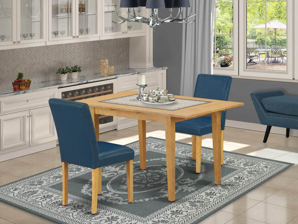 NOAB3-2B0-ZL 3-Piece Set Rectangle Dining Table with Butterfly Leaf & 2 Faux Leather Blue Chairs
