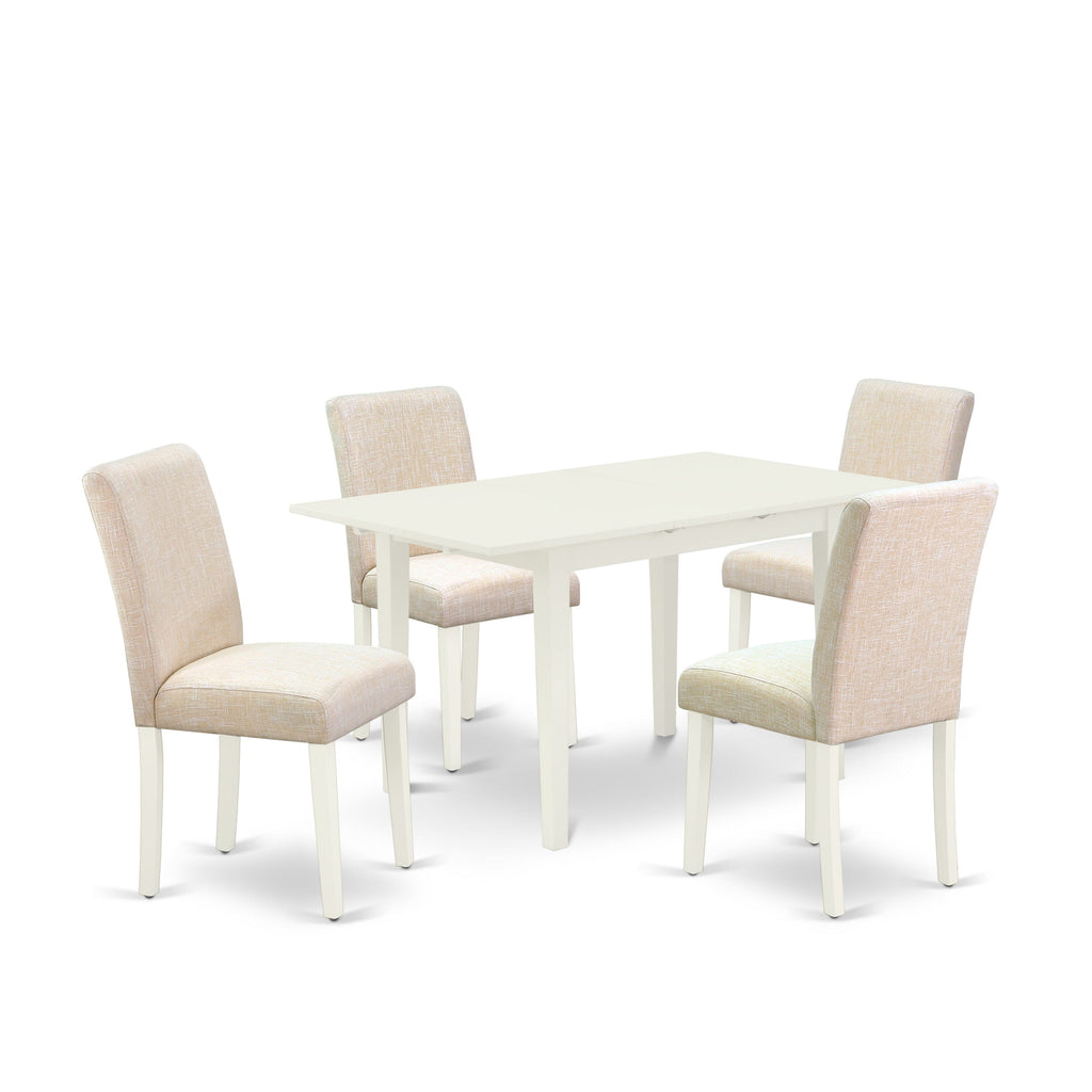 NOAB5-7SL-ZM 5-Piece Kitchen Set with Expanding Monarch Table & 4 Linen Beige Fabric Chairs, Light White Design