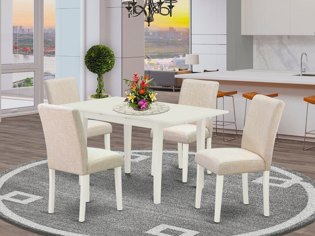 NOAB5-7SL-ZM 5-Piece Kitchen Set with Expanding Monarch Table & 4 Linen Beige Fabric Chairs, Light White Design