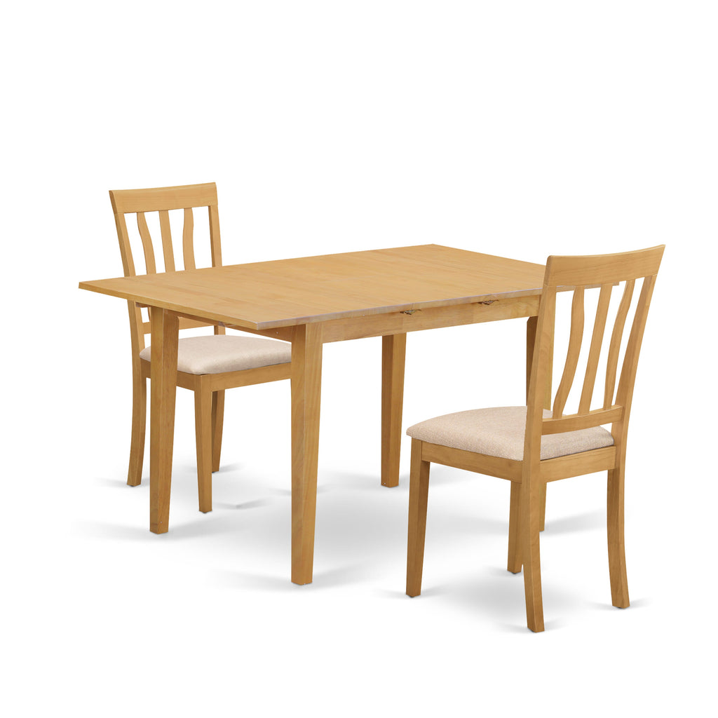 NOAN3-XN9-7 Oak Dining Set - Rectangle Table with Butterfly Leaf & 2 Linen Upholstered Chairs, 54x32