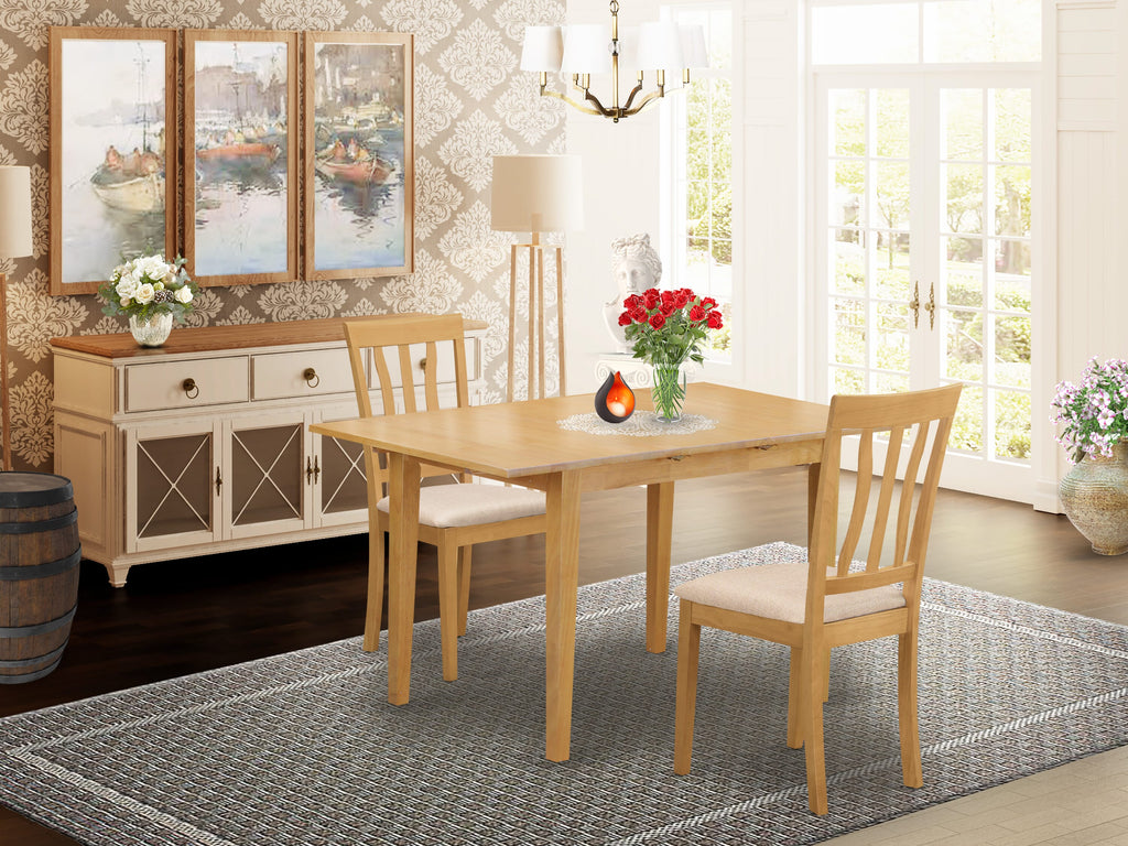 NOAN3-XN9-7 Oak Dining Set - Rectangle Table with Butterfly Leaf & 2 Linen Upholstered Chairs, 54x32