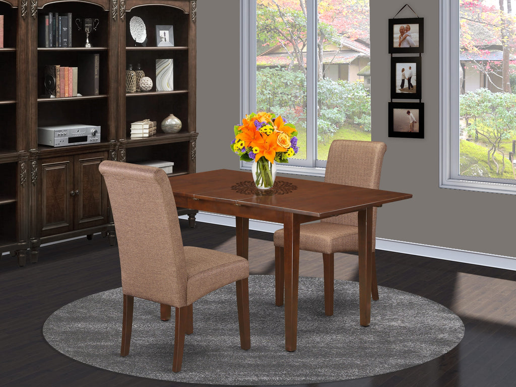 NOBA3-VUB-TR Set 3-Piece Rectangular Dining Table with Extension Leaf and Two Upholstered Chairs, Mahogany Finish