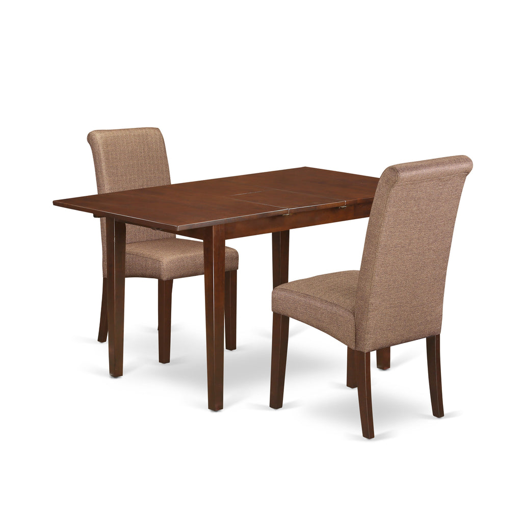 NOBA3-VUB-TR Set 3-Piece Rectangular Dining Table with Extension Leaf and Two Upholstered Chairs, Mahogany Finish