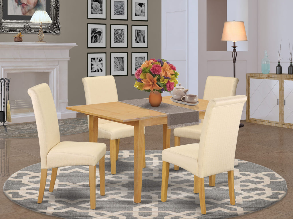 NOBA5-9KJ-SV 5-Piece Dining Set Rectangular Table with Extension Leaf and 4 Chairs in Light Beige Linen Fabric, 32x54 in, Oak Finish
