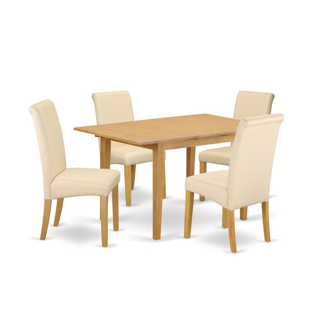 NOBA5-9KJ-SV 5-Piece Dining Set Rectangular Table with Extension Leaf and 4 Chairs in Light Beige Linen Fabric, 32x54 in, Oak Finish