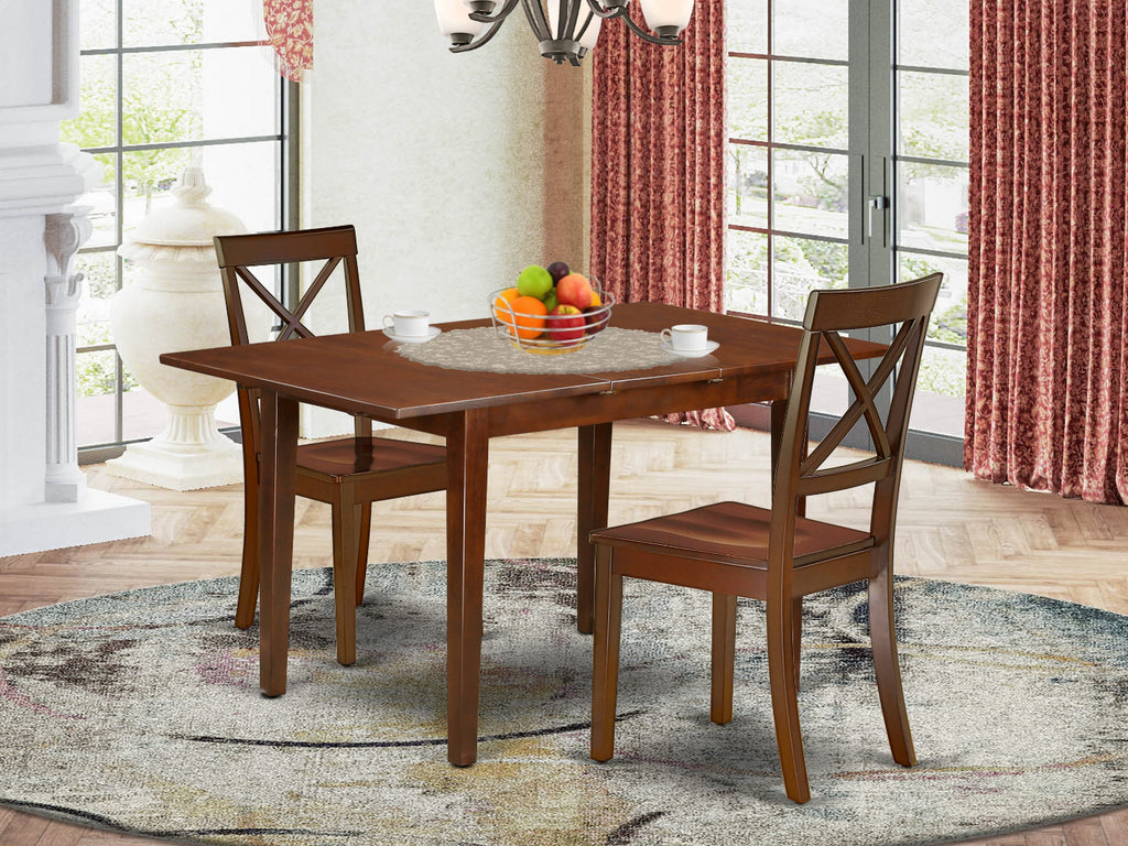 NOBO3-8PL-O Stylish 3-Piece Dining Set Featuring a Rectangle Table with Butterfly Leaf and Two Solid Wood Seating Chairs in Rich Mahogany, 32x54 Inches
