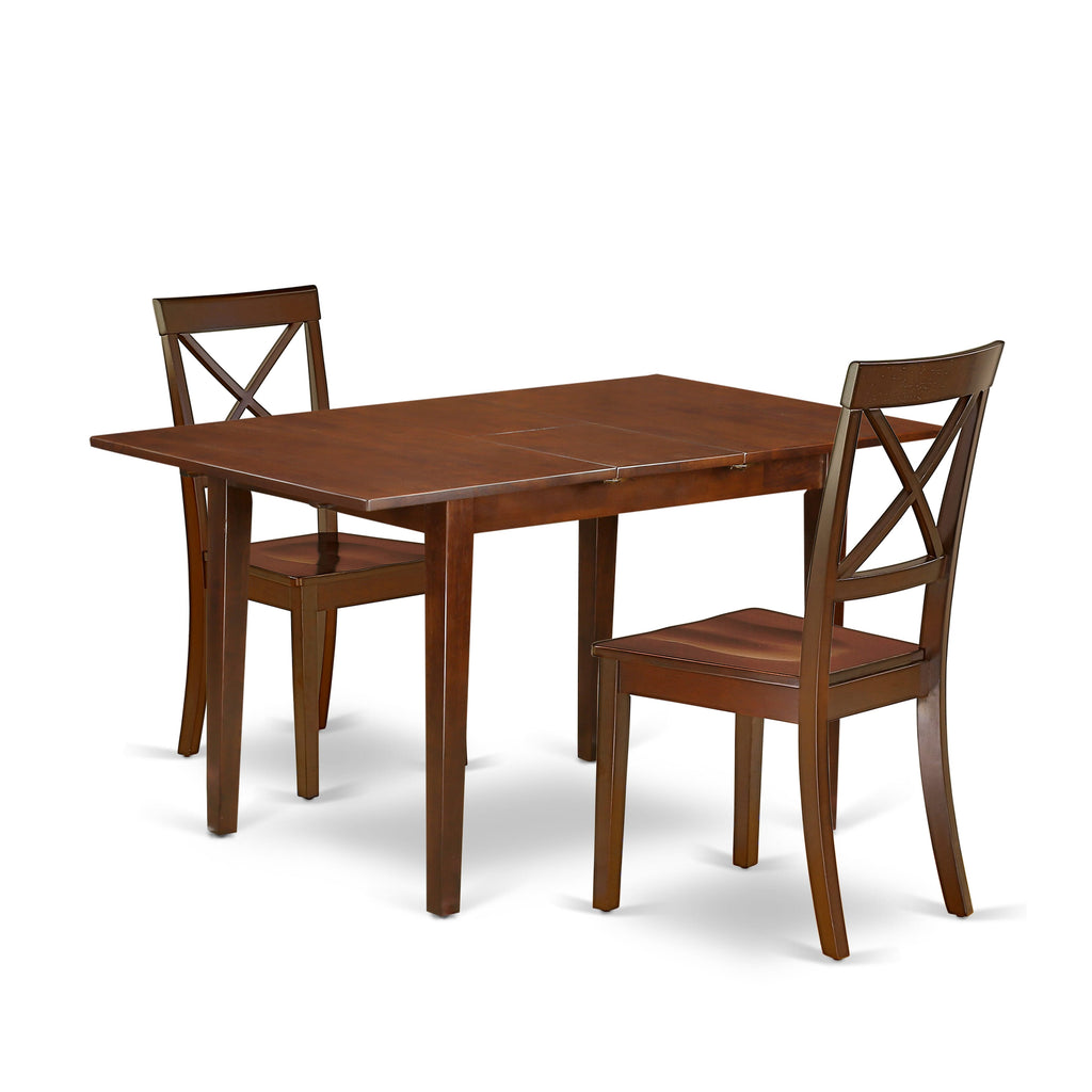 NOBO3-8PL-O Stylish 3-Piece Dining Set Featuring a Rectangle Table with Butterfly Leaf and Two Solid Wood Seating Chairs in Rich Mahogany, 32x54 Inches