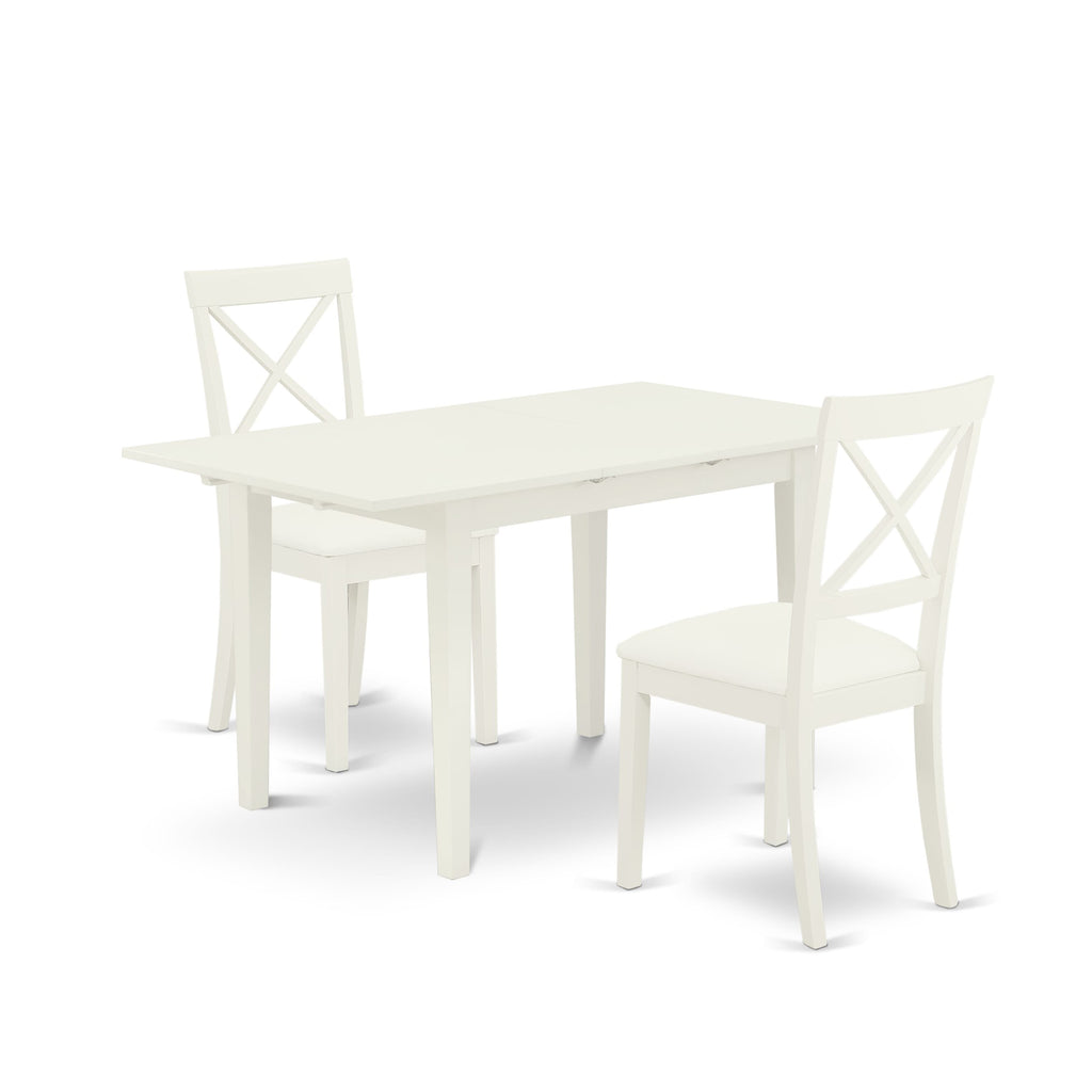NOBO3-IOI-SI 3-Piece Table & Chair Set with Rectangular Dining Table, Butterfly Leaf, and Faux Leather Chairs, 32x54 Linen White