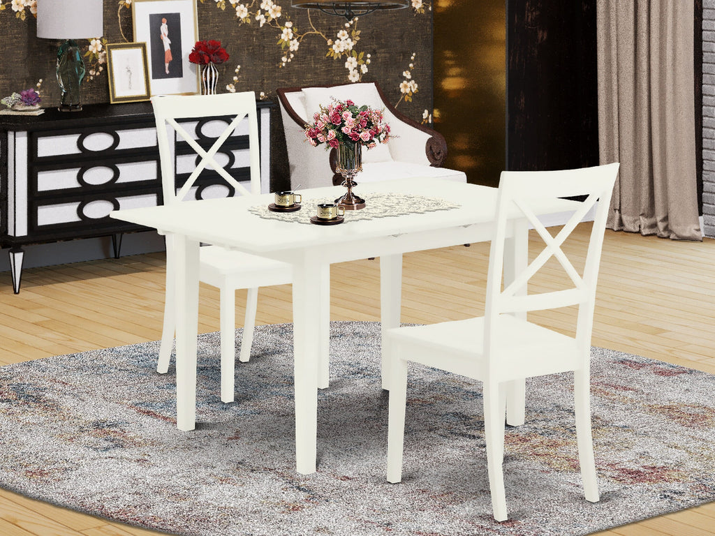 Dining Set NOBO3-JBZ-7 Elegant Rectangular Table with Butterfly Leaf & Two Chairs, 32x54 in, Linen White