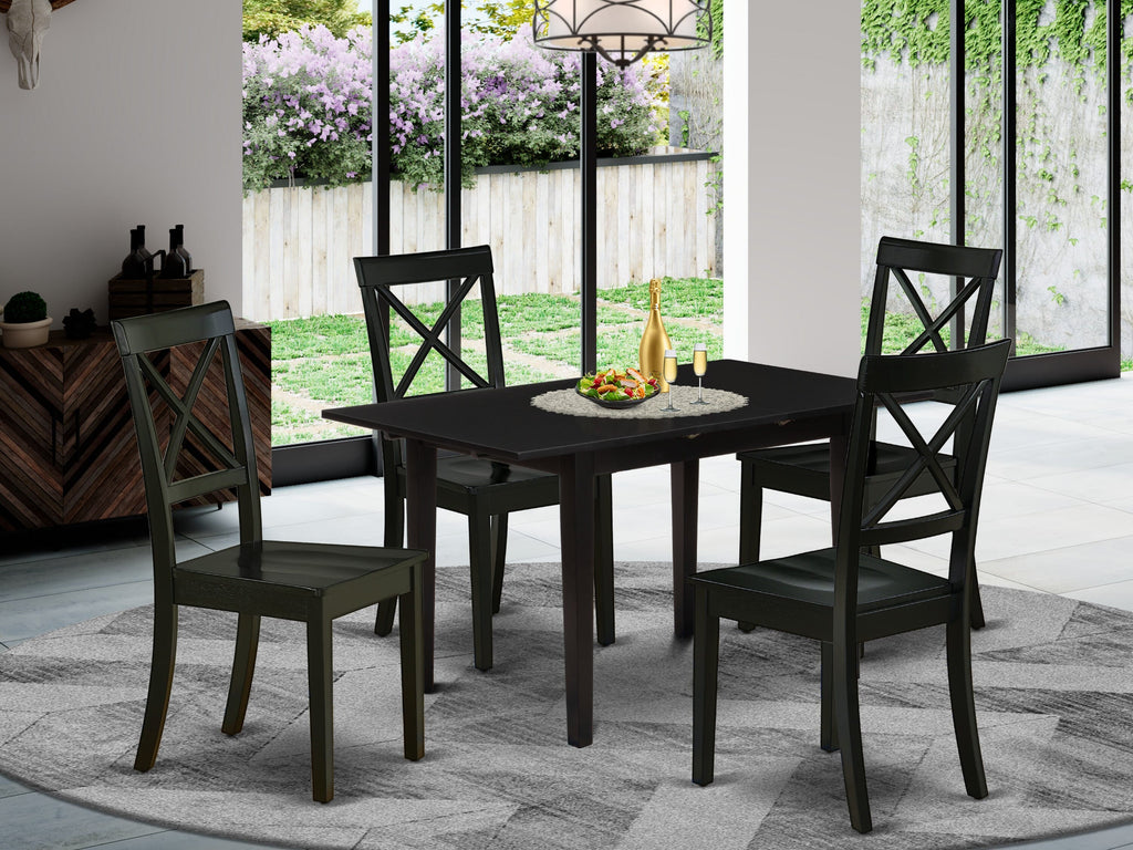 NOBO5-OZ4-O 5-Piece Set Rectangle Table with Leaf and 4 Chairs in Chic Black, 32x54