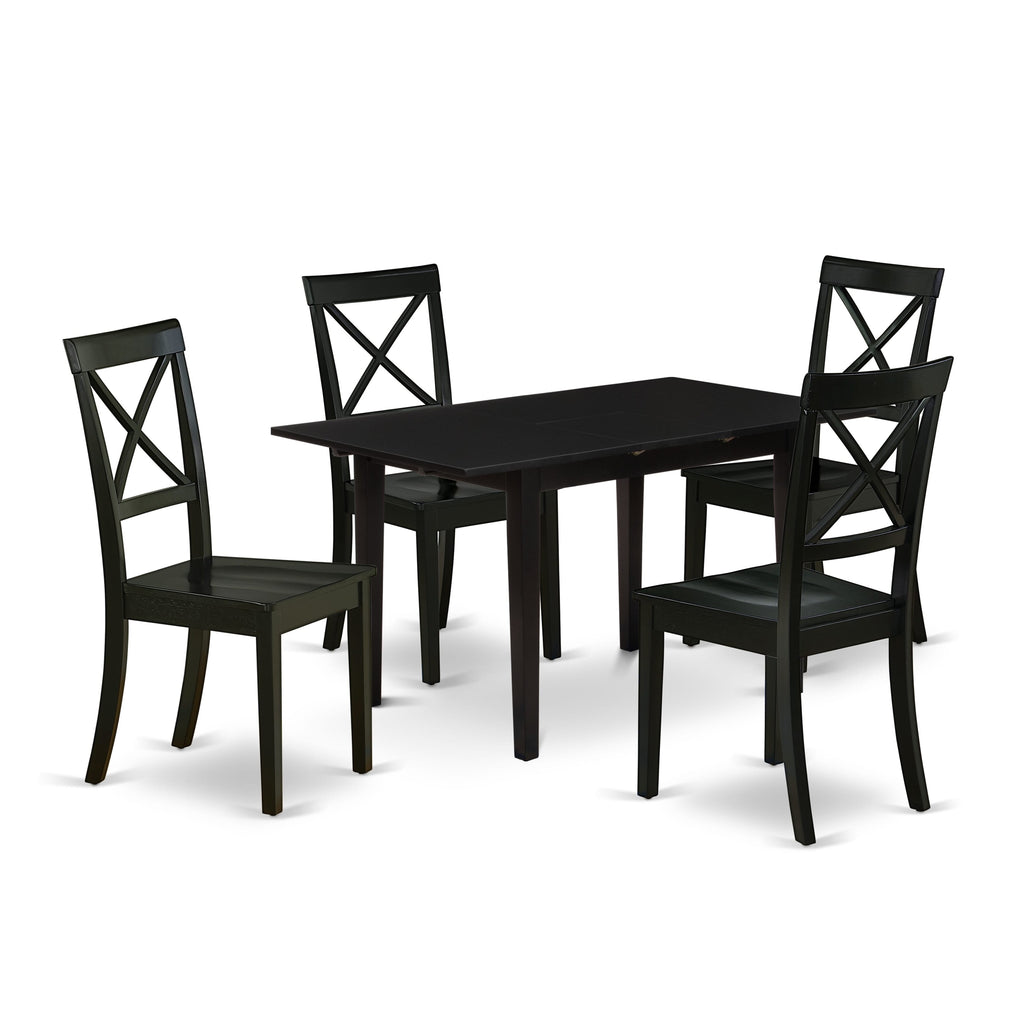 NOBO5-OZ4-O 5-Piece Set Rectangle Table with Leaf and 4 Chairs in Chic Black, 32x54