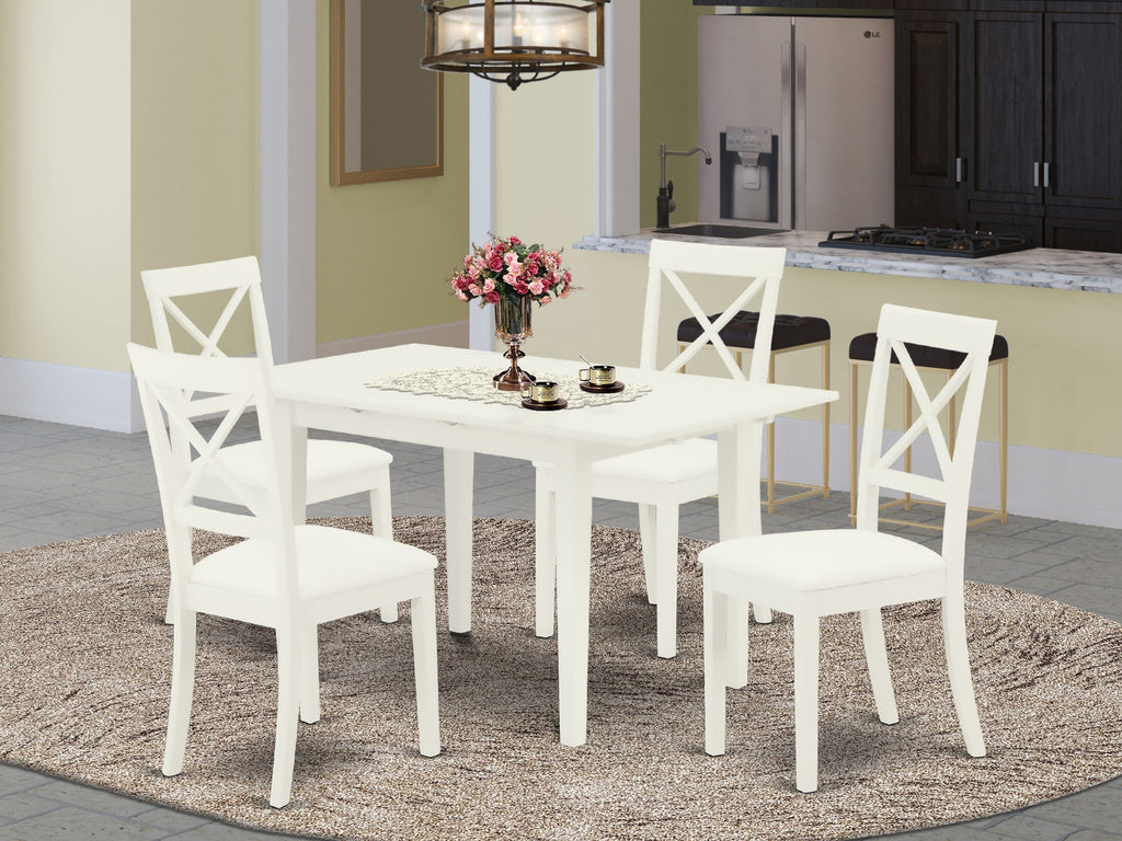 NOBO5-1HZ-KF Contemporary Dining Set Rectangular Table with Butterfly Feature and 4 Upholstered Leather-Style Chairs, Linen White Finish - 32x54 inches
