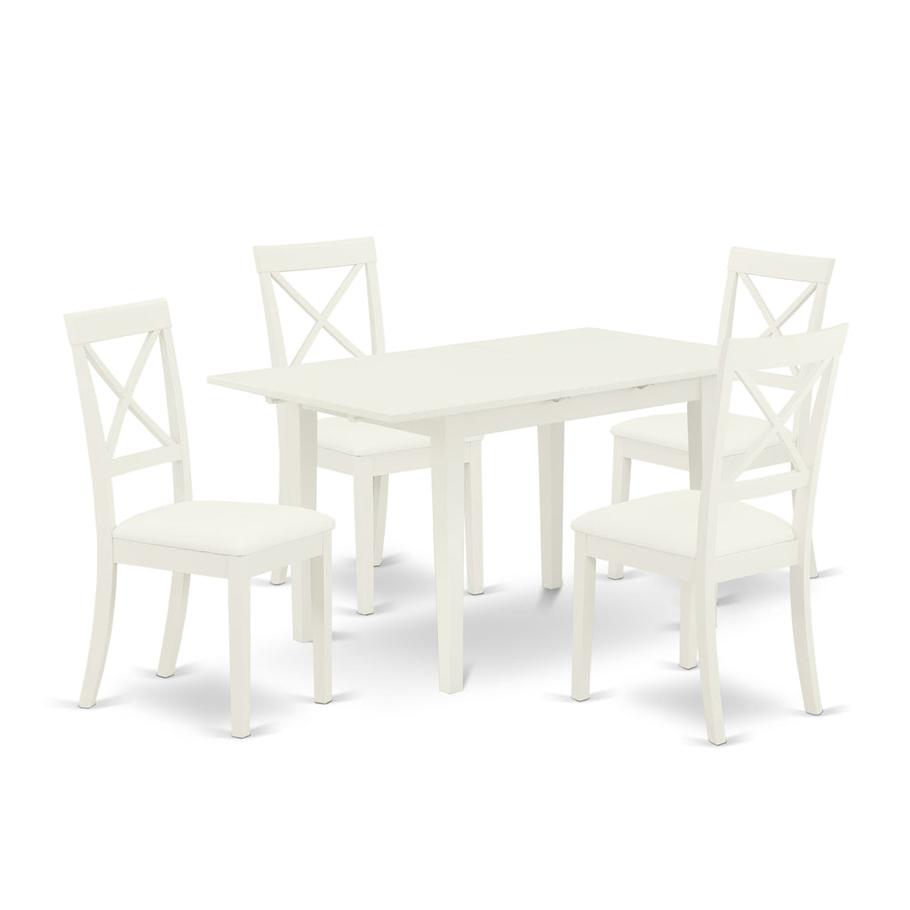 NOBO5-1HZ-KF Contemporary Dining Set Rectangular Table with Butterfly Feature and 4 Upholstered Leather-Style Chairs, Linen White Finish - 32x54 inches